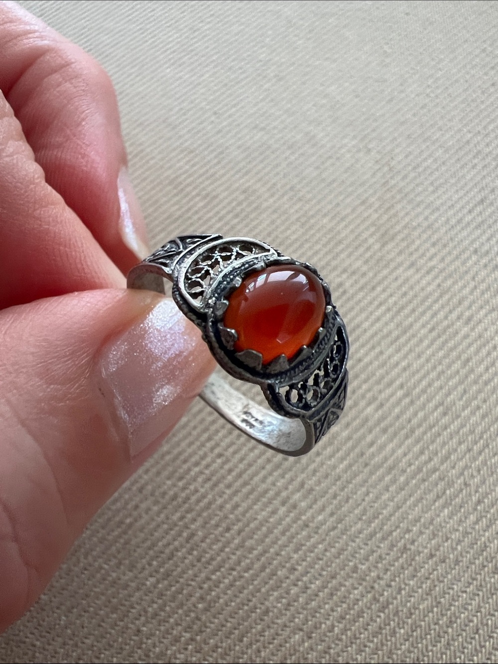 Silver Filigree Ring with Orange Carnelian Cabochon